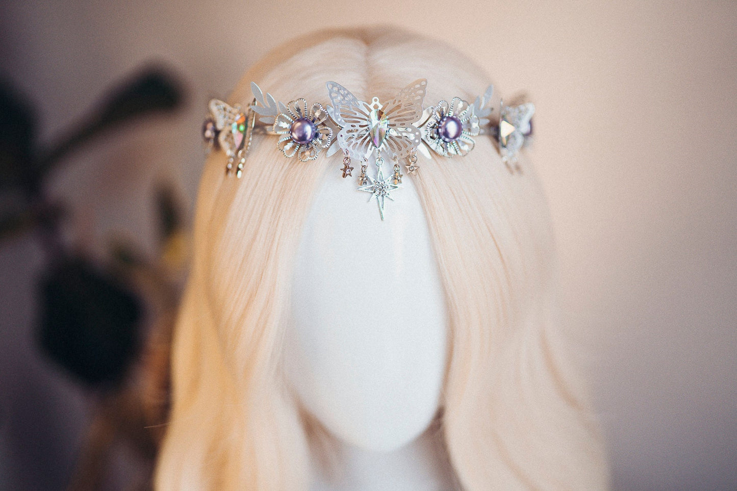 Celestial Butterfly Tiara, Silver Crown, Fairycore Headpiece, Butterfly Festival Tiara, Purple Crystal Crown, Fantasy Hair Accessories