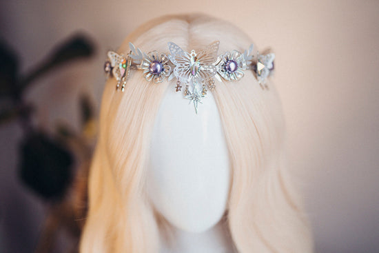 Celestial Butterfly Tiara, Silver Crown, Fairycore Headpiece, Butterfly Festival Tiara, Purple Crystal Crown, Fantasy Hair Accessories