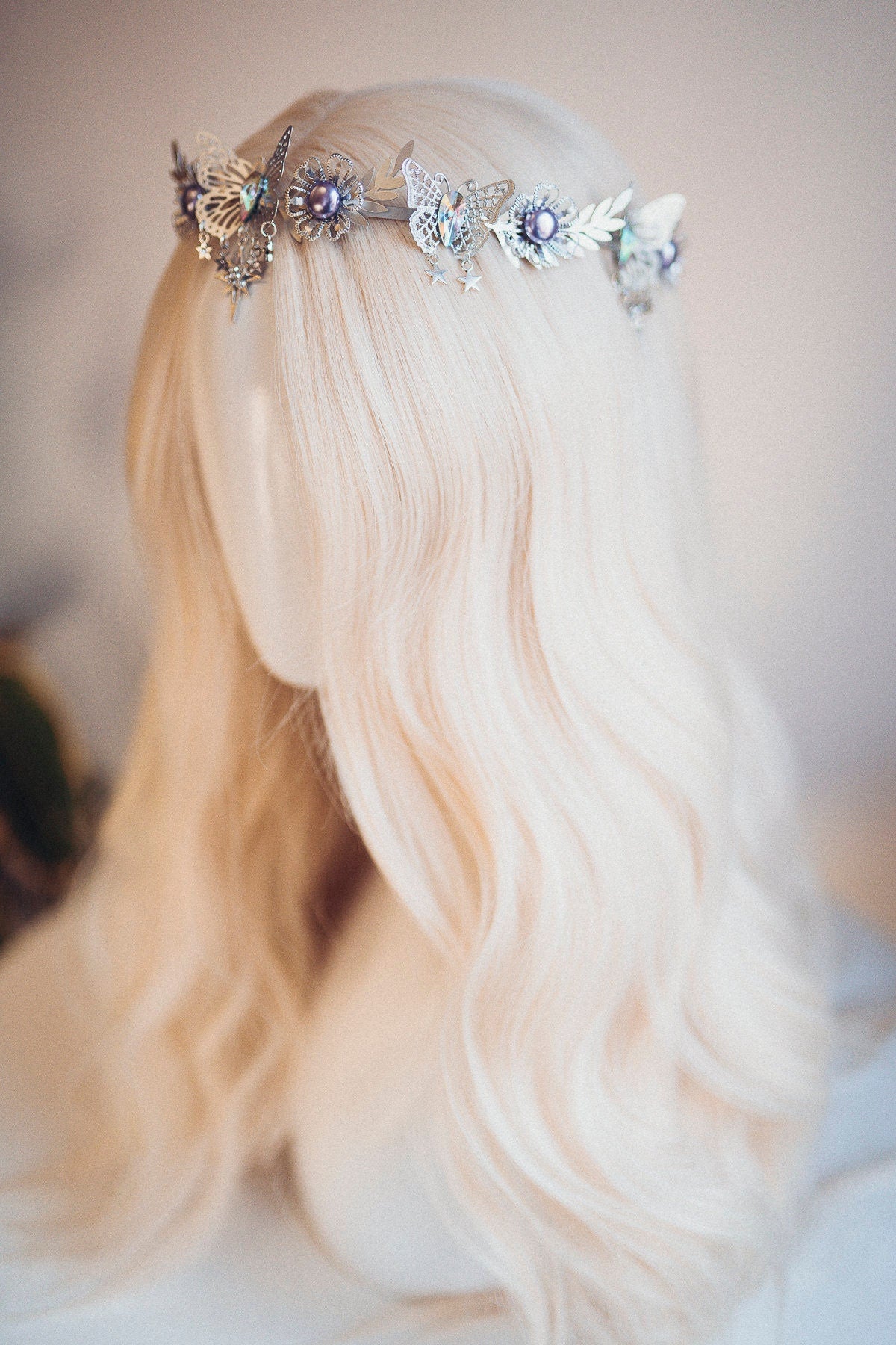 Celestial Butterfly Tiara, Silver Crown, Fairycore Headpiece, Butterfly Festival Tiara, Purple Crystal Crown, Fantasy Hair Accessories