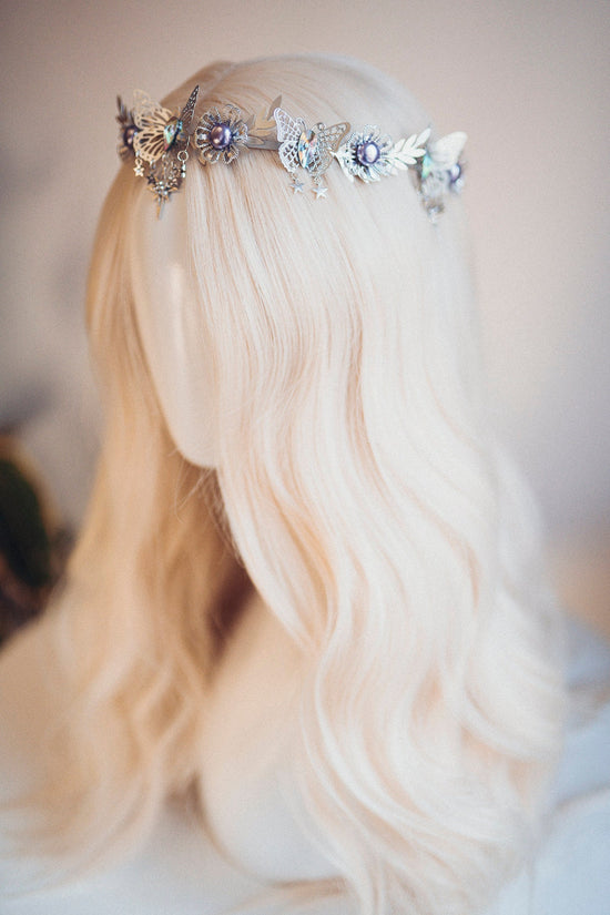 Celestial Butterfly Tiara, Silver Crown, Fairycore Headpiece, Butterfly Festival Tiara, Purple Crystal Crown, Fantasy Hair Accessories