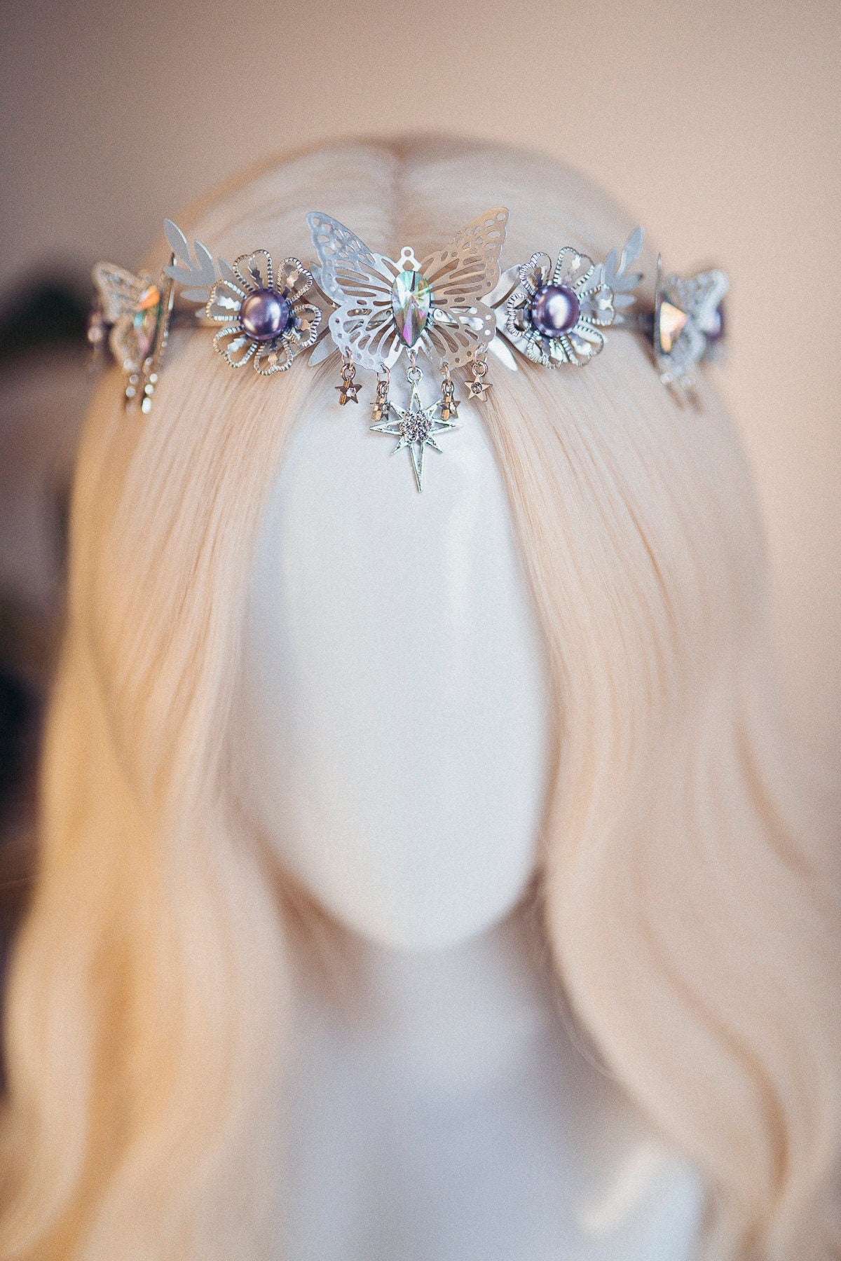 Celestial Butterfly Tiara, Silver Crown, Fairycore Headpiece, Butterfly Festival Tiara, Purple Crystal Crown, Fantasy Hair Accessories
