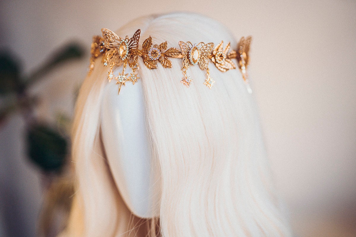 Butterfly Tiara, Gold Bridal Tiara, Fairy Crown, Goddess Tiara, Festival Headpiece, Wedding Tiara, Fantasy Headpiece, Butterfly Halo
