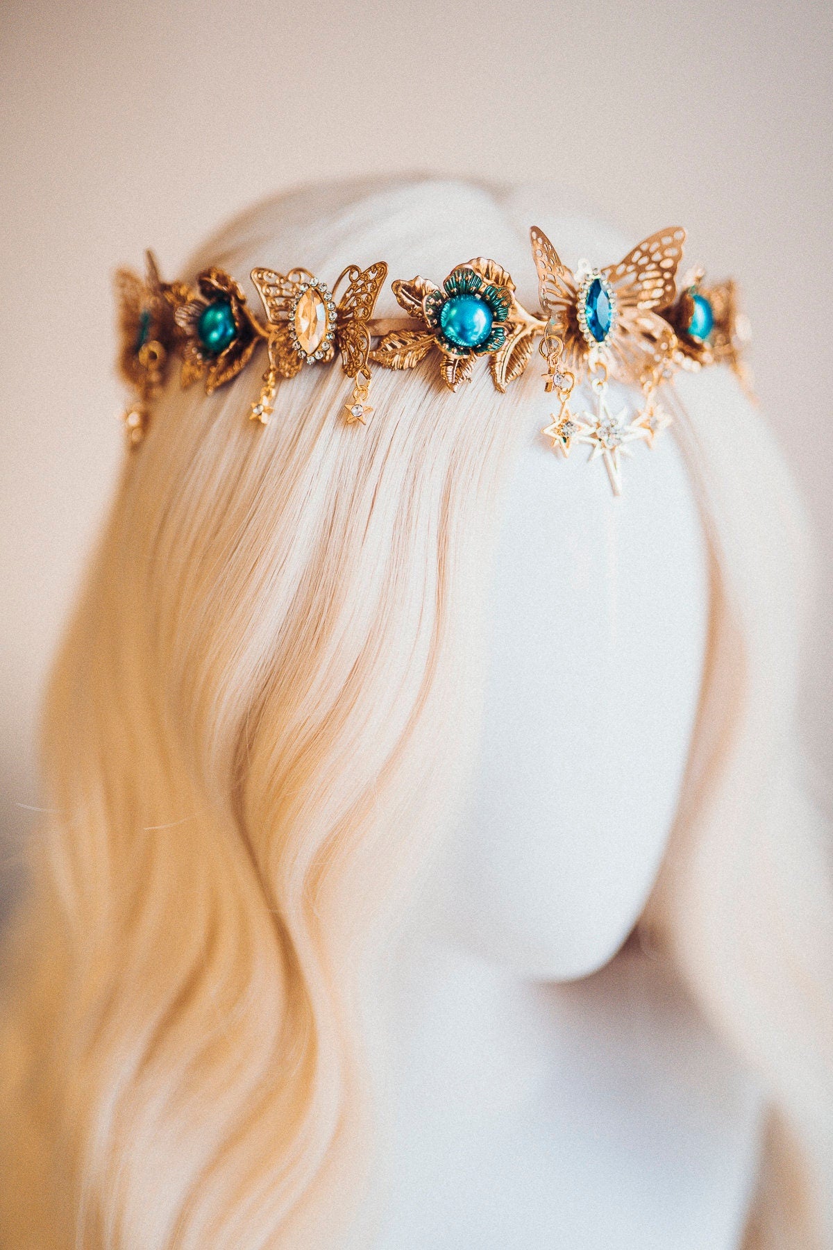 Butterfly Flower Tiara, Gold Headpiece with Teal Crystals Stars Butterflies, Elegant Bridal Crown for Weddings Festivals Special Occasions