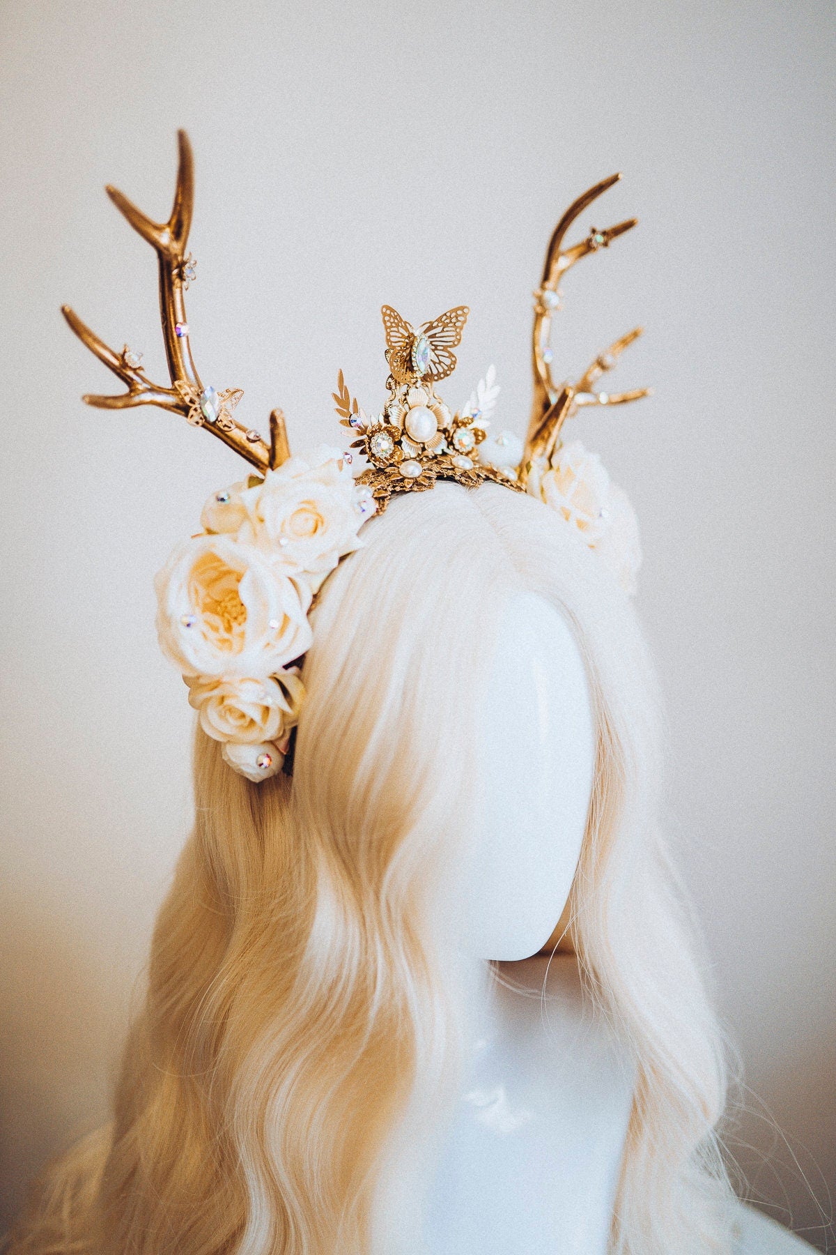 Deer Flower Crown, Headband, Headpiece, Gold Horns Crown, Beige Tiara, Halloween Party Crown, Festival, Burning man, Halloween, Deer Costume