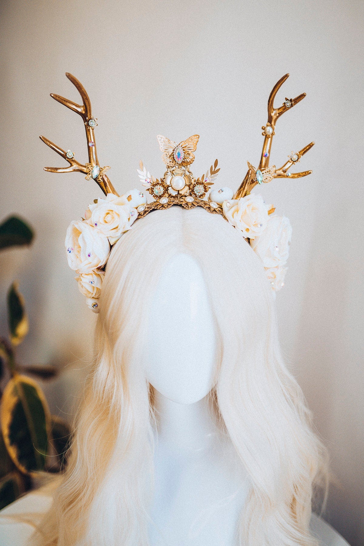 Deer Flower Crown, Headband, Headpiece, Gold Horns Crown, Beige Tiara, Halloween Party Crown, Festival, Burning man, Halloween, Deer Costume