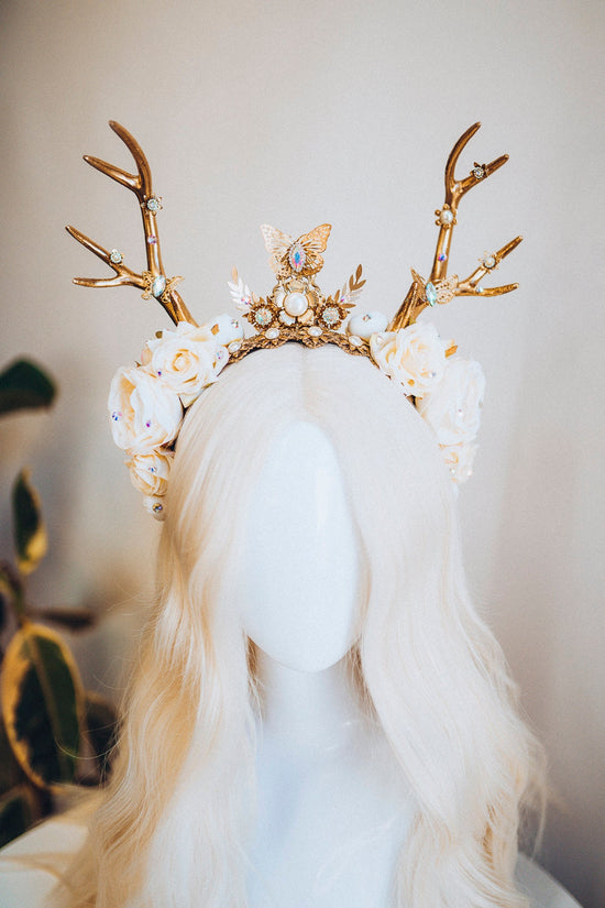 Deer Flower Crown, Headband, Headpiece, Gold Horns Crown, Beige Tiara, Halloween Party Crown, Festival, Burning man, Halloween, Deer Costume
