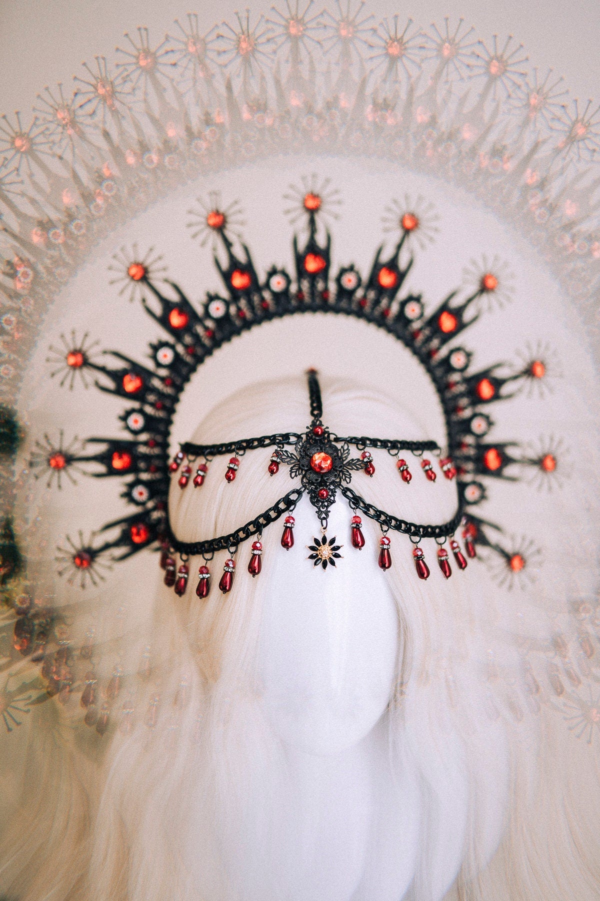 Gothic Crown, Red Halo Crown, Black Tiara, Halloween Headdress, Vampire Costume, Gothic Queen, Dark Crown, Festival Headpiece