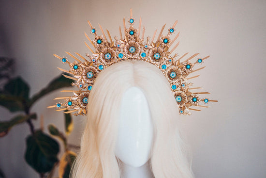 Celestial Halo Crown, Gold Sunburst Headpiece, Turquoise Festival Crown, Wedding Halo, Bohemian Goddess Tiara, Handmade Statement Headpiece