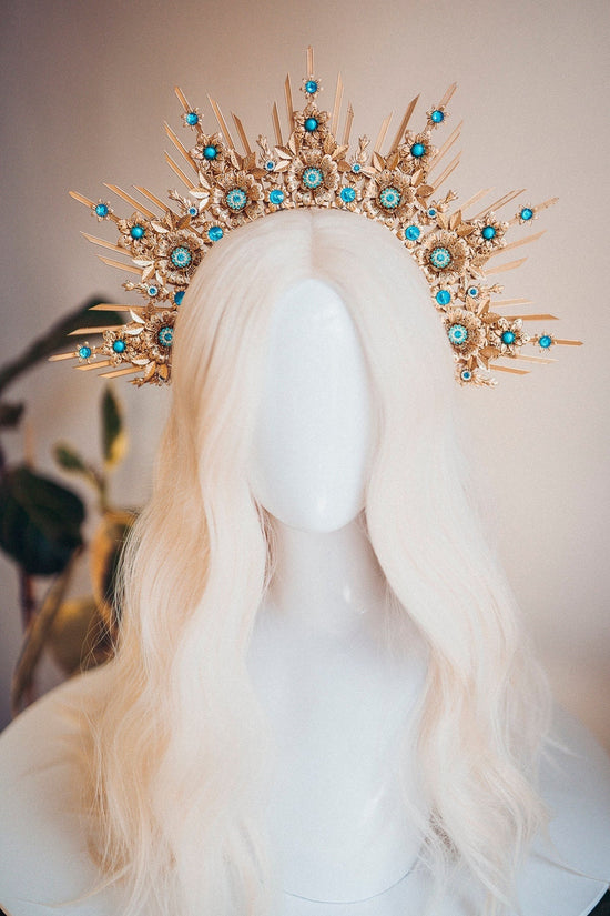Celestial Halo Crown, Gold Sunburst Headpiece, Turquoise Festival Crown, Wedding Halo, Bohemian Goddess Tiara, Handmade Statement Headpiece