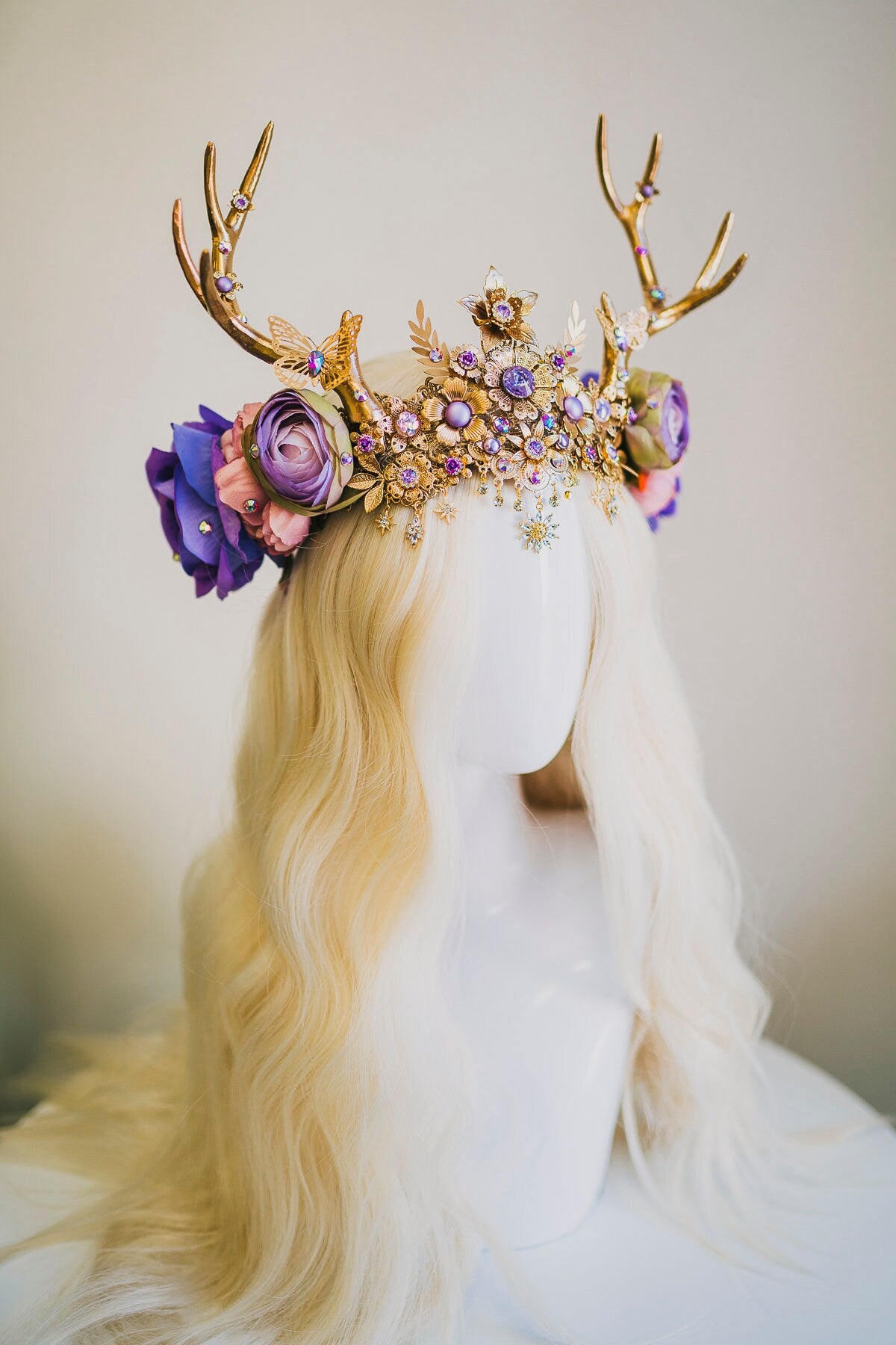 Flower crown, Lavender headband, Flower deer antlers, Gold crown, Christmas Party, Reindeer crown, Fairy crown, Elven tiara, Deer crown