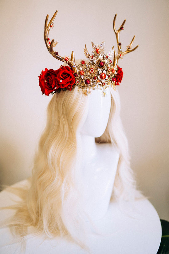 Deer Flower Crown Reindeer Headband Gold Horns Crown Halloween Party Crown Festival Headpiece Burning man Carnival Deer Costume Mardi Gras