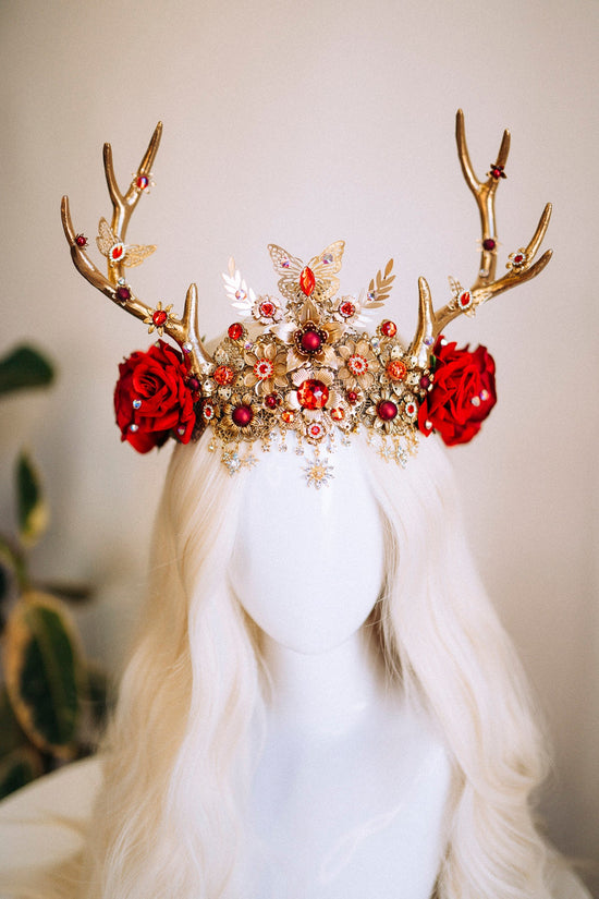Deer Flower Crown Reindeer Headband Gold Horns Crown Halloween Party Crown Festival Headpiece Burning man Carnival Deer Costume Mardi Gras