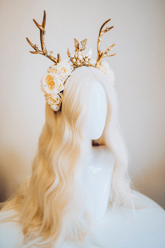 Deer Flower Crown, Headband, Headpiece, Gold Horns Crown, Beige Tiara, Halloween Party Crown, Festival, Burning man, Halloween, Deer Costume