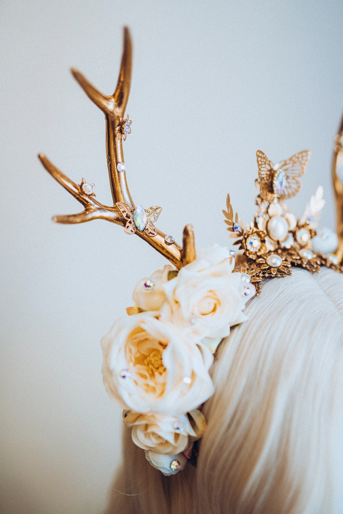 Deer Flower Crown, Headband, Headpiece, Gold Horns Crown, Beige Tiara, Halloween Party Crown, Festival, Burning man, Halloween, Deer Costume