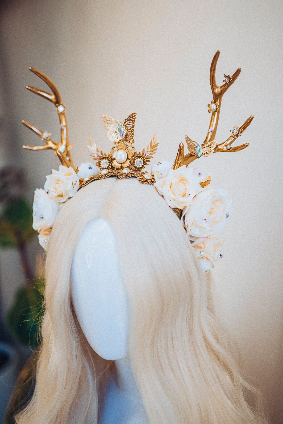 Deer Flower Crown, Headband, Headpiece, Gold Horns Crown, Beige Tiara, Halloween Party Crown, Festival, Burning man, Halloween, Deer Costume