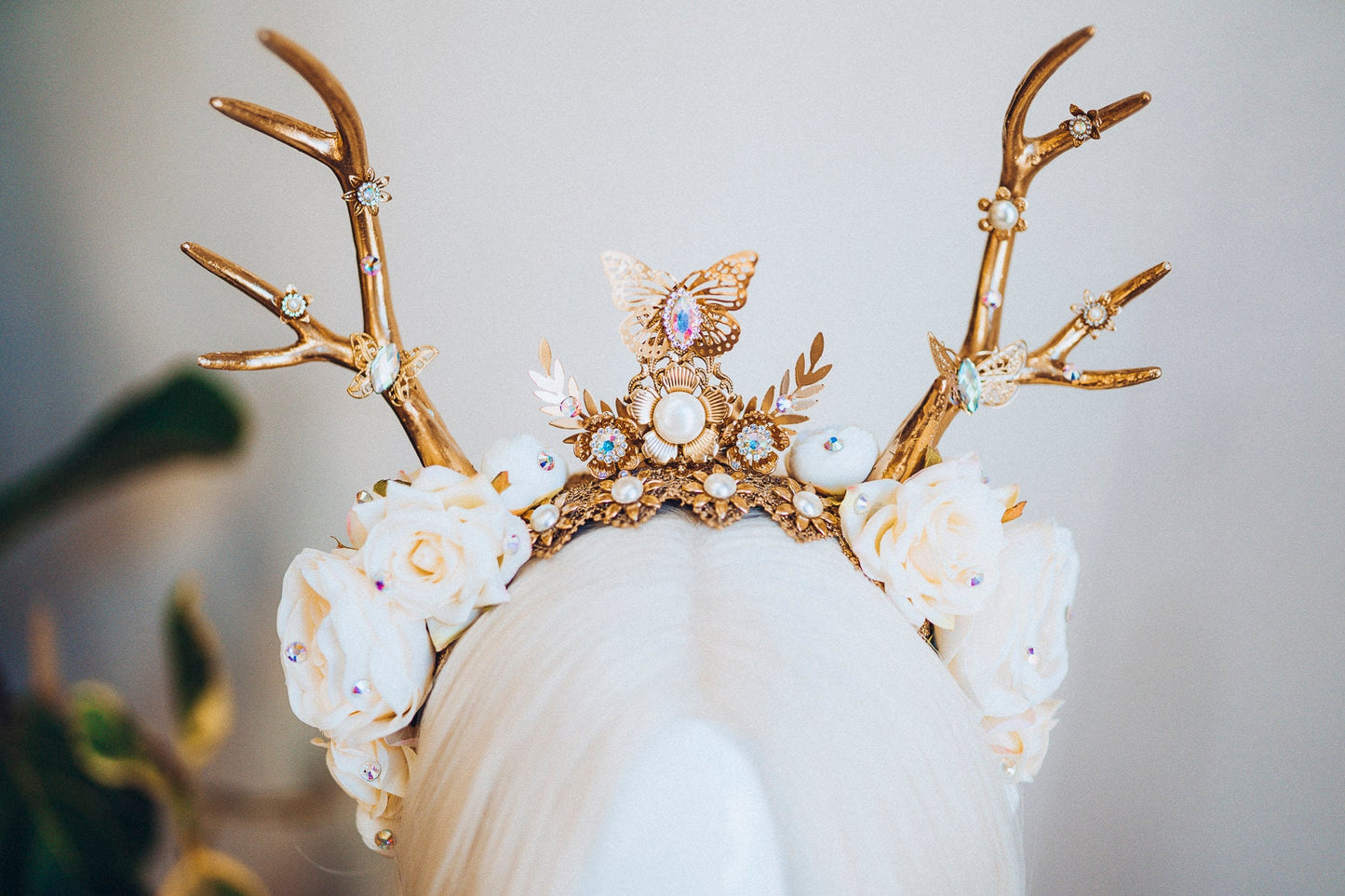 Deer Flower Crown, Headband, Headpiece, Gold Horns Crown, Beige Tiara, Halloween Party Crown, Festival, Burning man, Halloween, Deer Costume