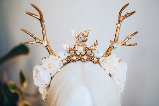 Deer Flower Crown, Headband, Headpiece, Gold Horns Crown, Beige Tiara, Halloween Party Crown, Festival, Burning man, Halloween, Deer Costume