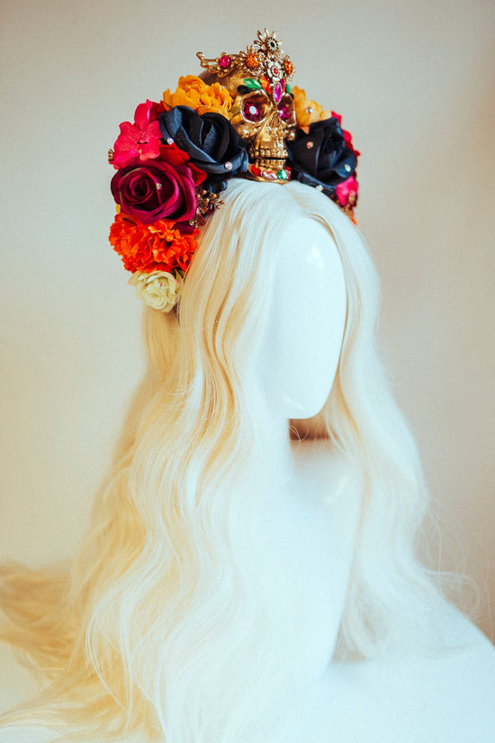 SALE Golden Skull Crown, Day of the Dead, Dia de los Muertos Headpiece, La Catrina Tiara, Sugar Skull Flower Crown, Festival Crown