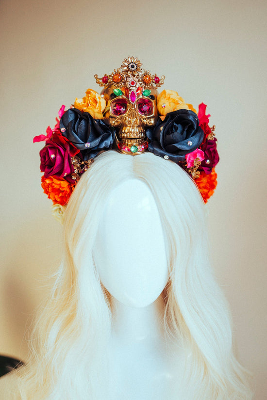 SALE Golden Skull Crown, Day of the Dead, Dia de los Muertos Headpiece, La Catrina Tiara, Sugar Skull Flower Crown, Festival Crown