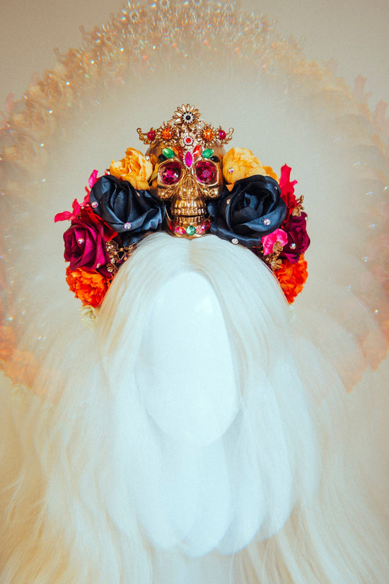 SALE Golden Skull Crown, Day of the Dead, Dia de los Muertos Headpiece, La Catrina Tiara, Sugar Skull Flower Crown, Festival Crown