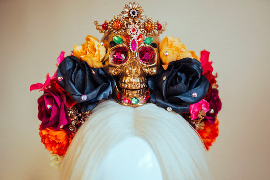 SALE Golden Skull Crown, Day of the Dead, Dia de los Muertos Headpiece, La Catrina Tiara, Sugar Skull Flower Crown, Festival Crown