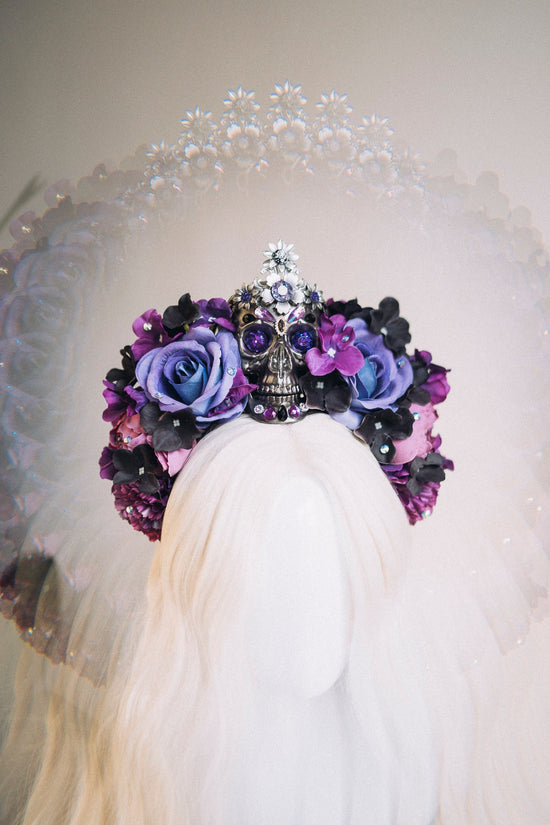 La Catrina crown, purple flower crown, skull tiara, gothic floral headpiece, dia de los muertos, sugar skull crown, statement festival crown