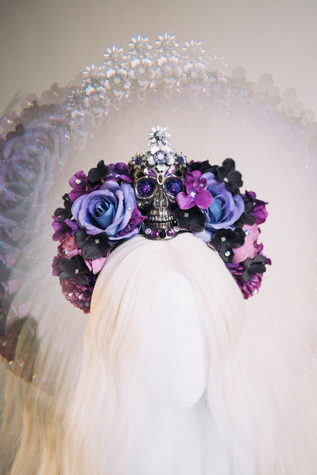 La Catrina crown, purple flower crown, skull tiara, gothic floral headpiece, dia de los muertos, sugar skull crown, statement festival crown