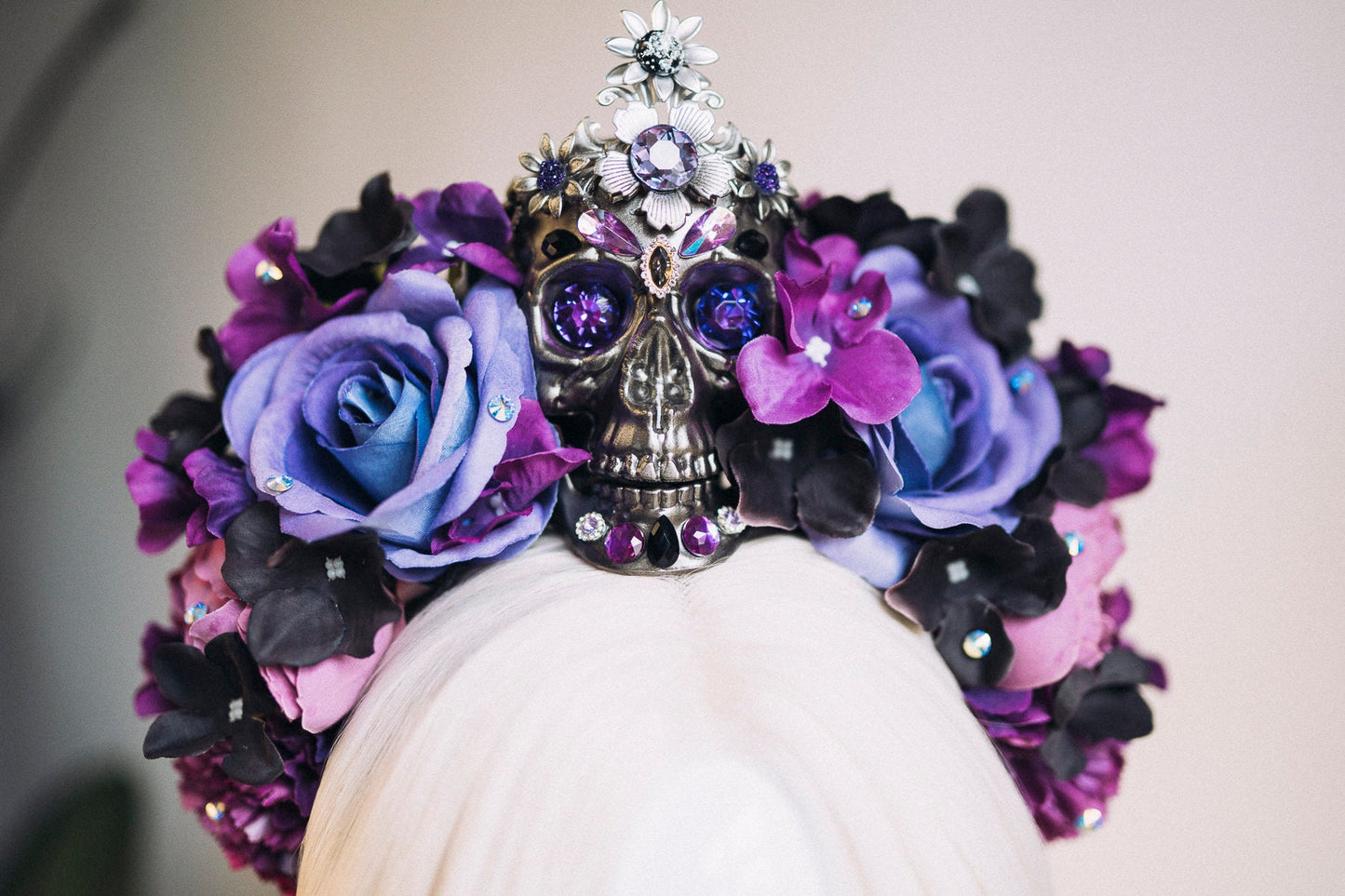 La Catrina crown, purple flower crown, skull tiara, gothic floral headpiece, dia de los muertos, sugar skull crown, statement festival crown