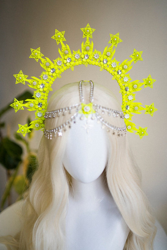 Neon Yellow Star Halo Crown,UV Active Headpiece,Glow In Dark Crown,Neon Festival Headdress,Rave Crown,Handmade Costume,Goddess Crown,UV