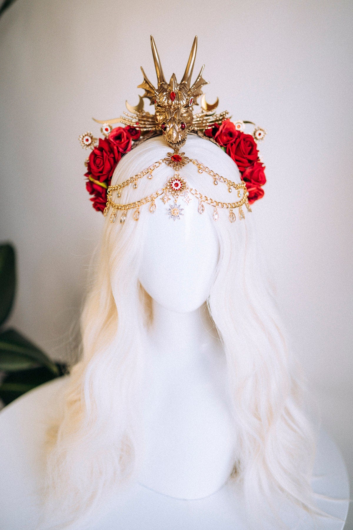 Dragon Queen Crown, Game Of Thrones Tiara, Gold Dragon Headpiece, Red Rose Crown, Daenerys Costume, Fantasy Queen Tiara, Halloween Headdress