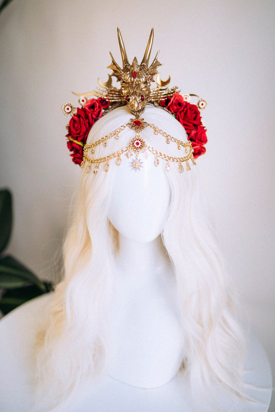 Dragon Queen Crown, Game Of Thrones Tiara, Gold Dragon Headpiece, Red Rose Crown, Daenerys Costume, Fantasy Queen Tiara, Halloween Headdress