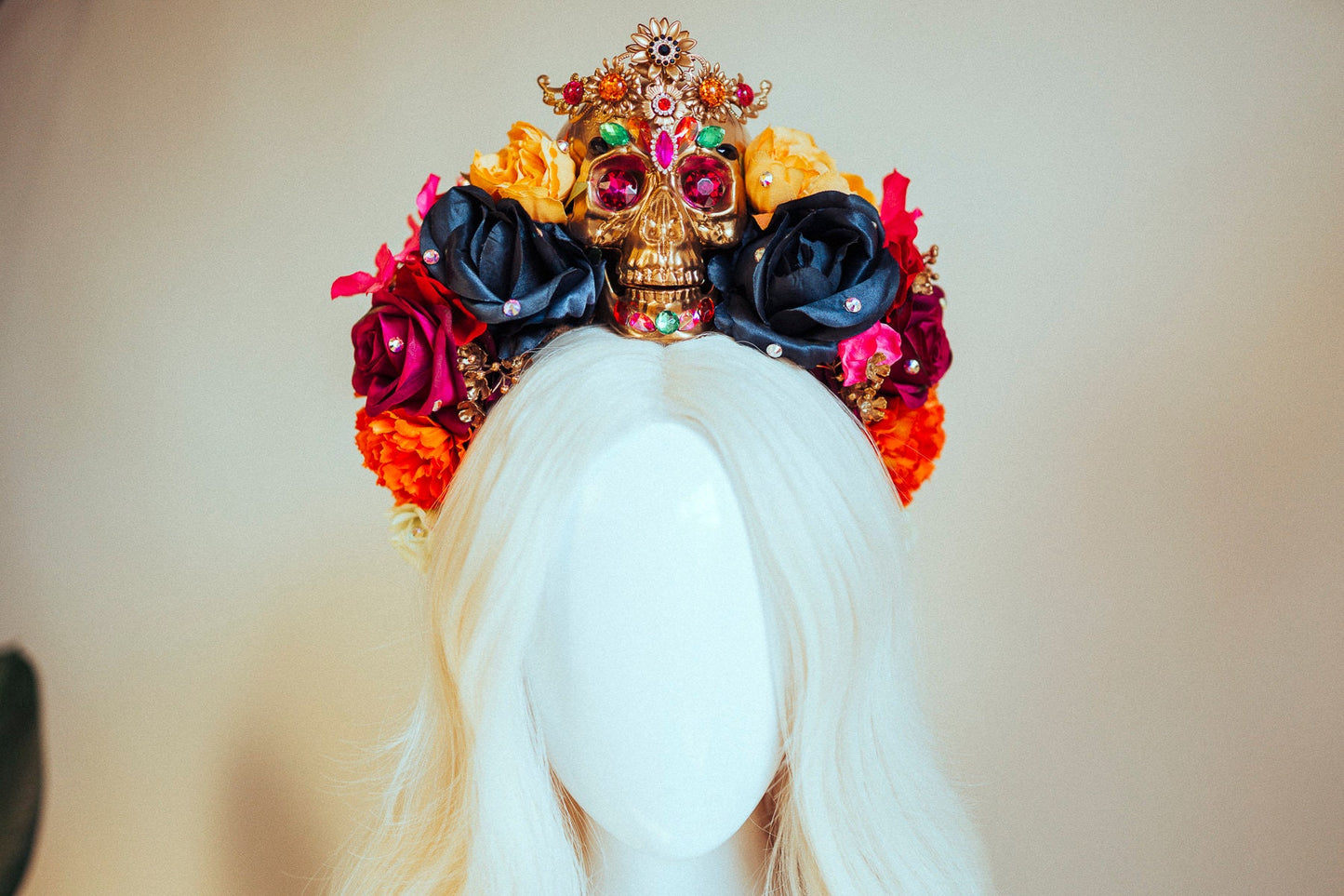 SALE Golden Skull Crown, Day of the Dead, Dia de los Muertos Headpiece, La Catrina Tiara, Sugar Skull Flower Crown, Festival Crown