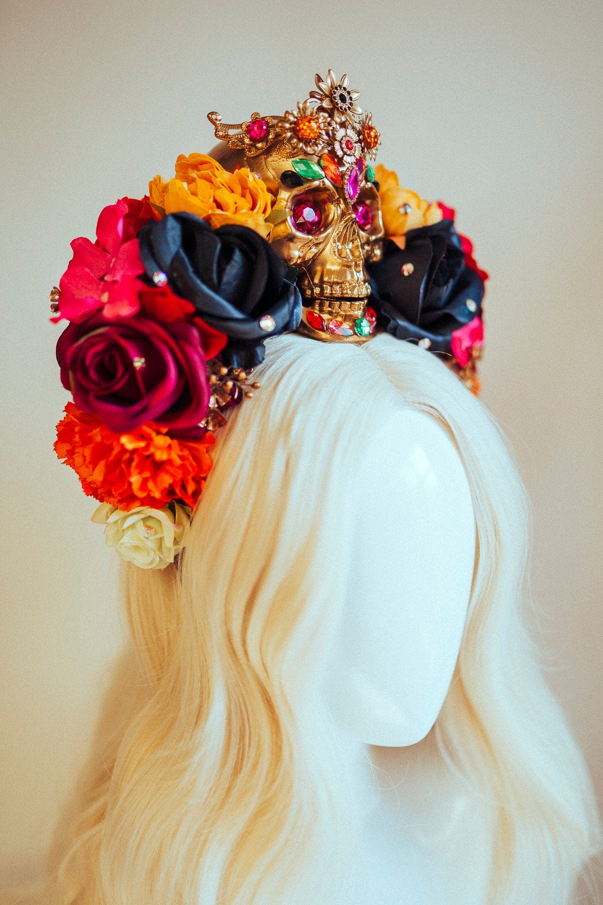 SALE Golden Skull Crown, Day of the Dead, Dia de los Muertos Headpiece, La Catrina Tiara, Sugar Skull Flower Crown, Festival Crown