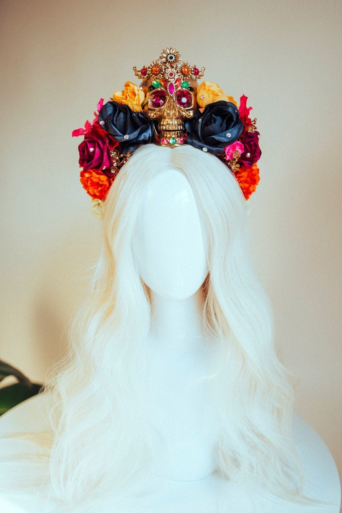 SALE Golden Skull Crown, Day of the Dead, Dia de los Muertos Headpiece, La Catrina Tiara, Sugar Skull Flower Crown, Festival Crown