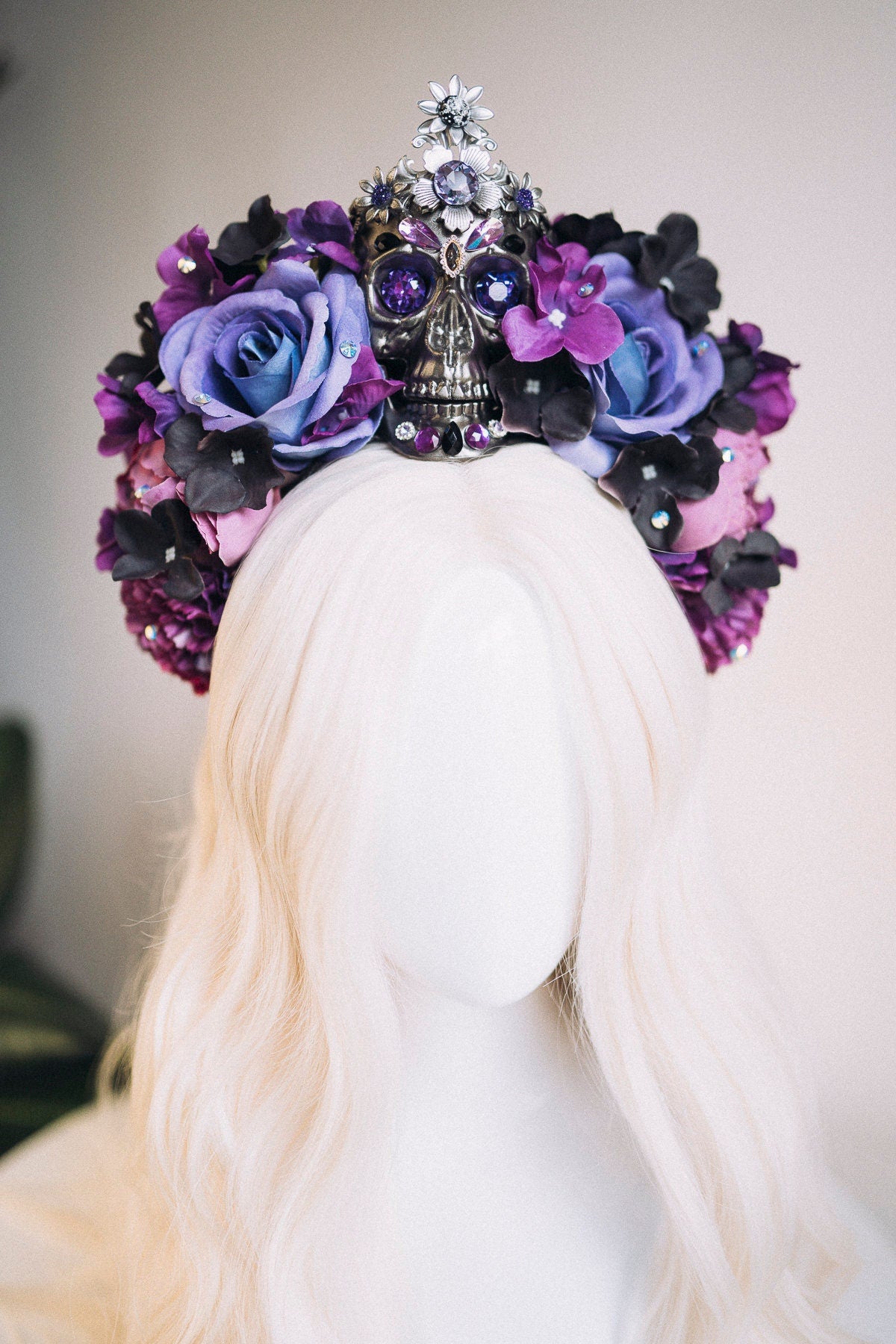 La Catrina crown, purple flower crown, skull tiara, gothic floral headpiece, dia de los muertos, sugar skull crown, statement festival crown