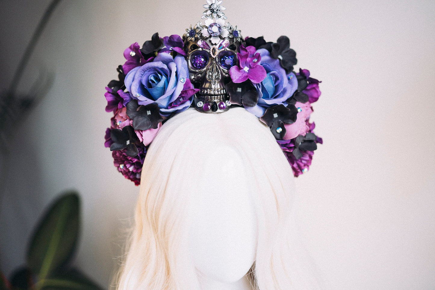 La Catrina crown, purple flower crown, skull tiara, gothic floral headpiece, dia de los muertos, sugar skull crown, statement festival crown