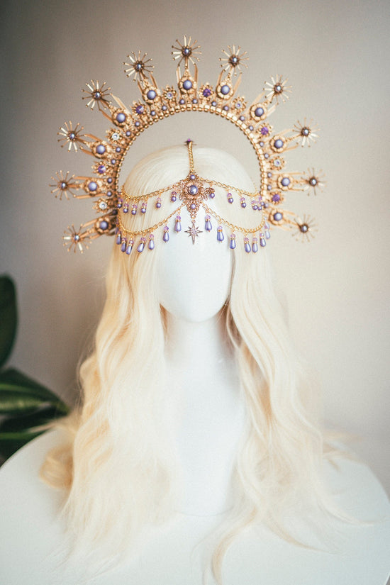 Golden Pearl, Halo Crown, Bridal Headpiece, Celestial Headdress, Festival Goddess, Wedding Tiara, Fantasy Costume, Sacred Ritual Crown
