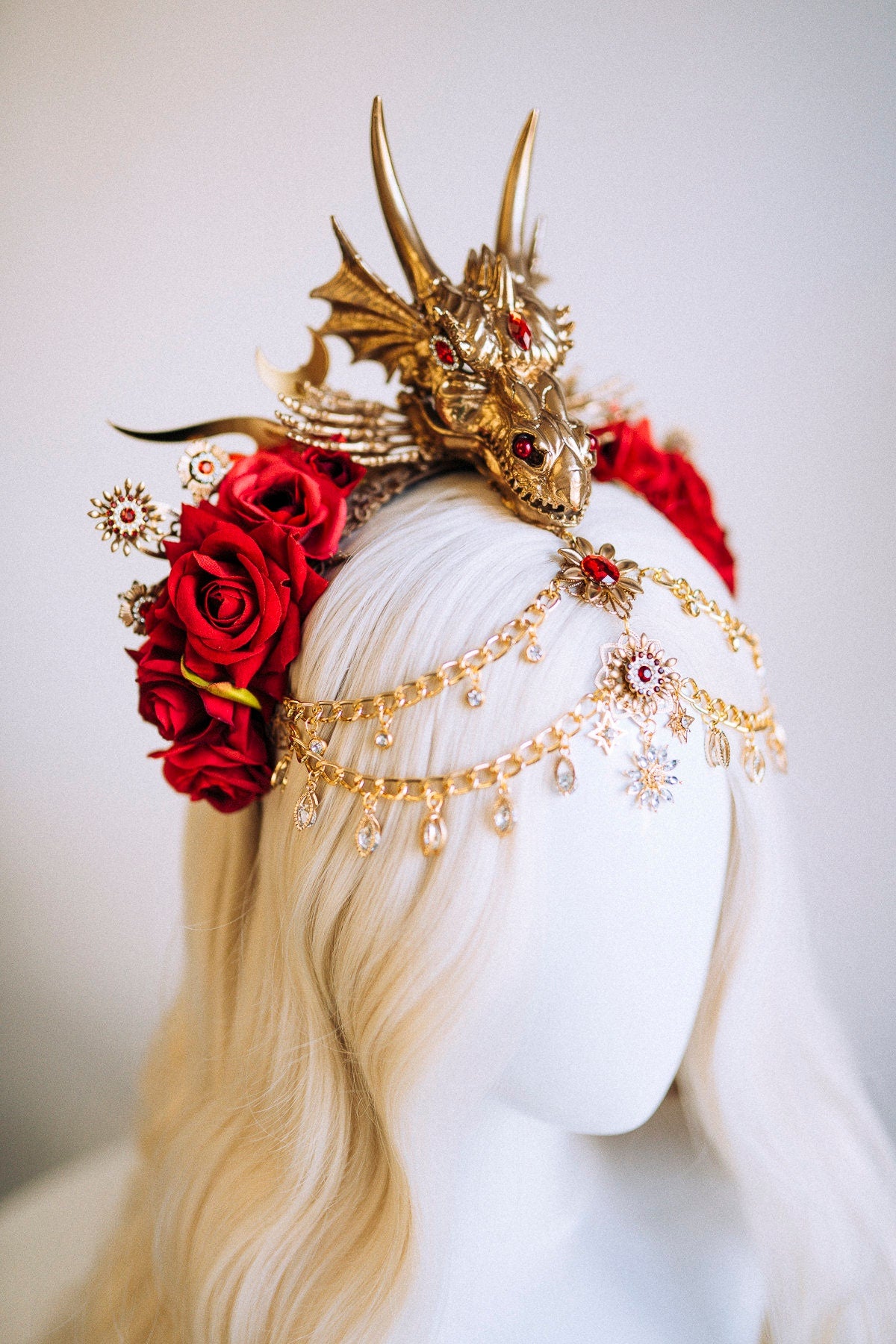 Dragon Queen Crown, Game Of Thrones Tiara, Gold Dragon Headpiece, Red Rose Crown, Daenerys Costume, Fantasy Queen Tiara, Halloween Headdress