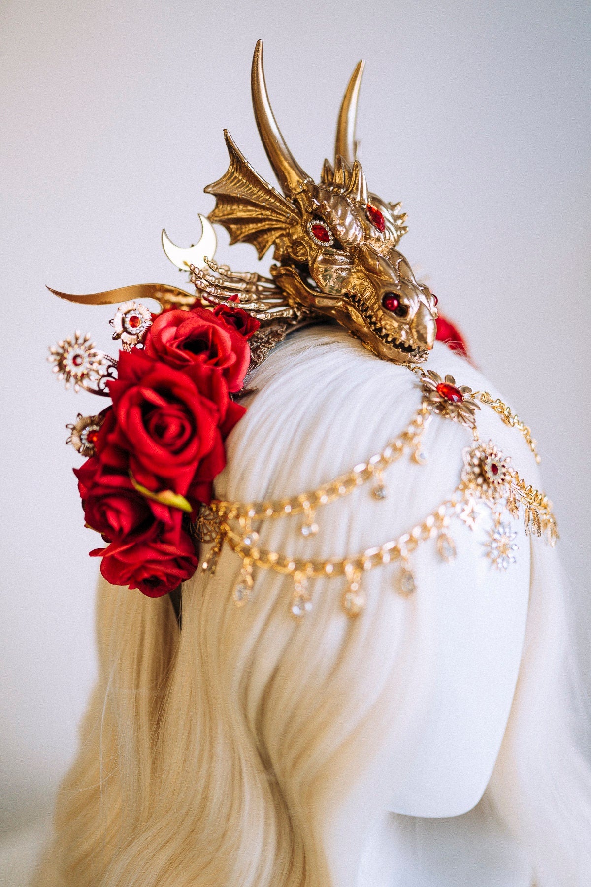 Dragon Queen Crown, Game Of Thrones Tiara, Gold Dragon Headpiece, Red Rose Crown, Daenerys Costume, Fantasy Queen Tiara, Halloween Headdress