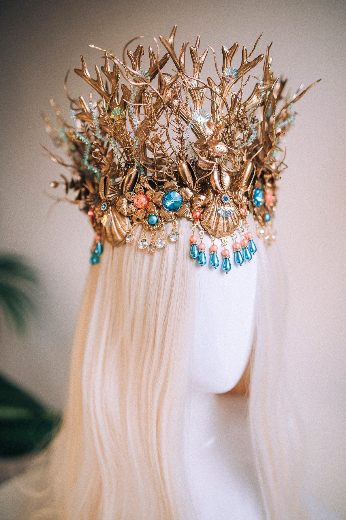 Royal Mermaid Crown, Gold Coral Crown, Shell Crown, Ocean Tiara, Sea Goddess Headpiece, Fantasy Mermaid Tiara, Handmade Sea Crown, Ariel