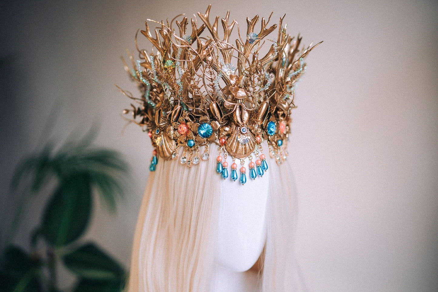 Royal Mermaid Crown, Gold Coral Crown, Shell Crown, Ocean Tiara, Sea Goddess Headpiece, Fantasy Mermaid Tiara, Handmade Sea Crown, Ariel