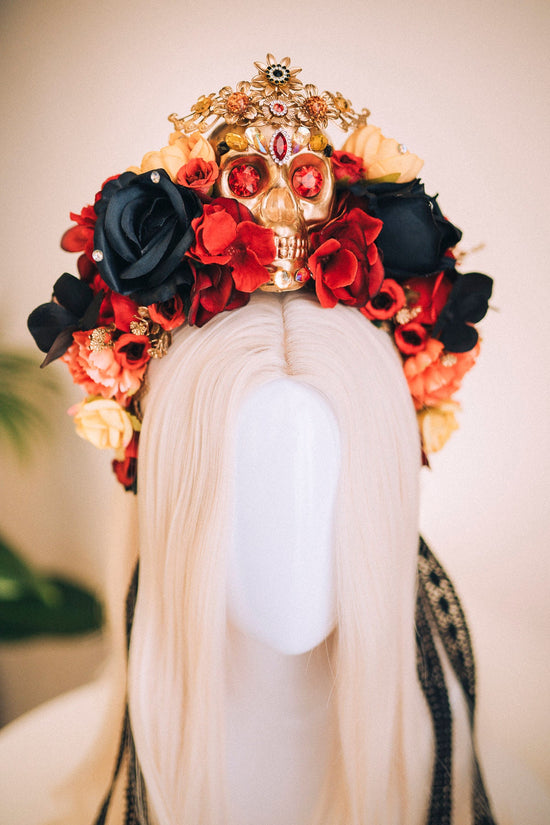 SALE Golden Skull, La Catrina Crown, Day of the Dead, Dia de los Muertos, Floral Headdress, Sugar Skull, Festival Headpiece, Mexican crown