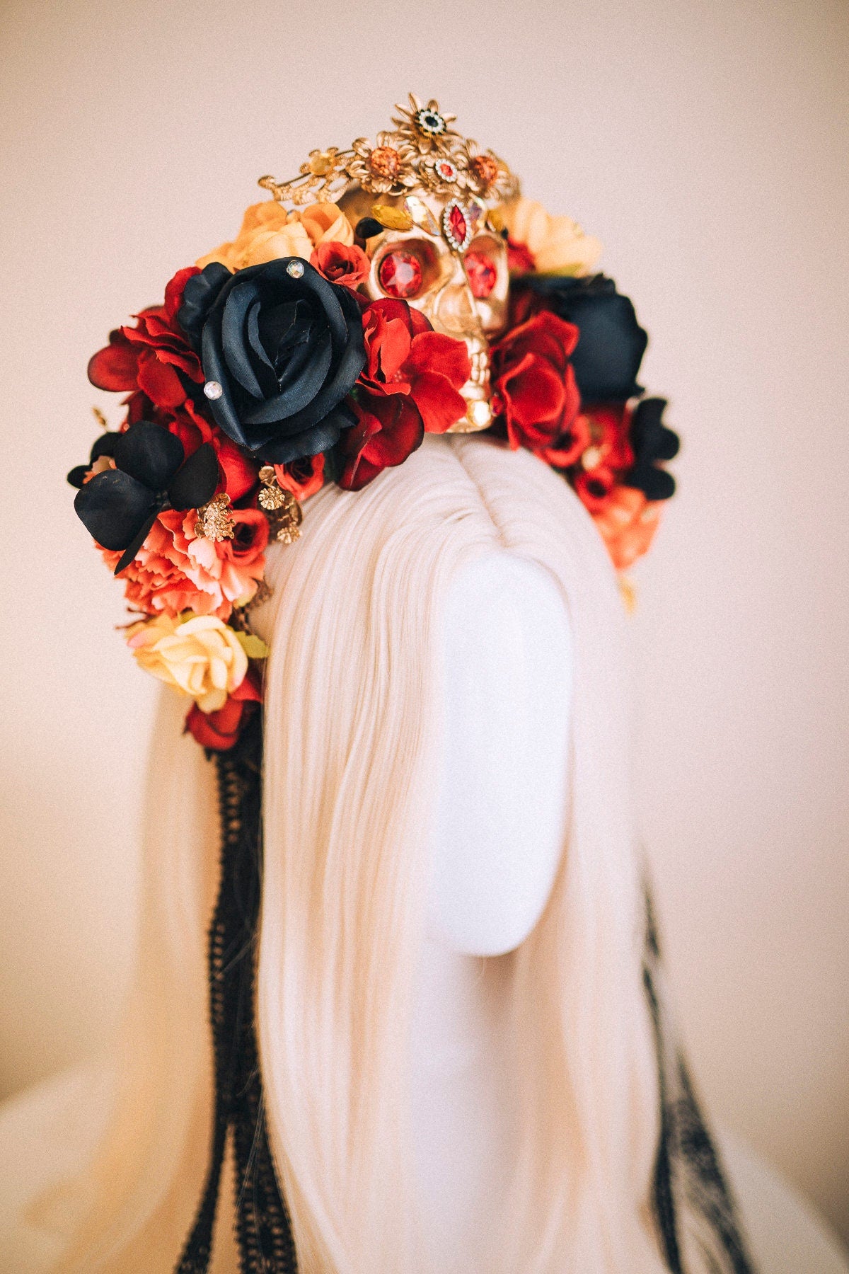 SALE Golden Skull, La Catrina Crown, Day of the Dead, Dia de los Muertos, Floral Headdress, Sugar Skull, Festival Headpiece, Mexican crown