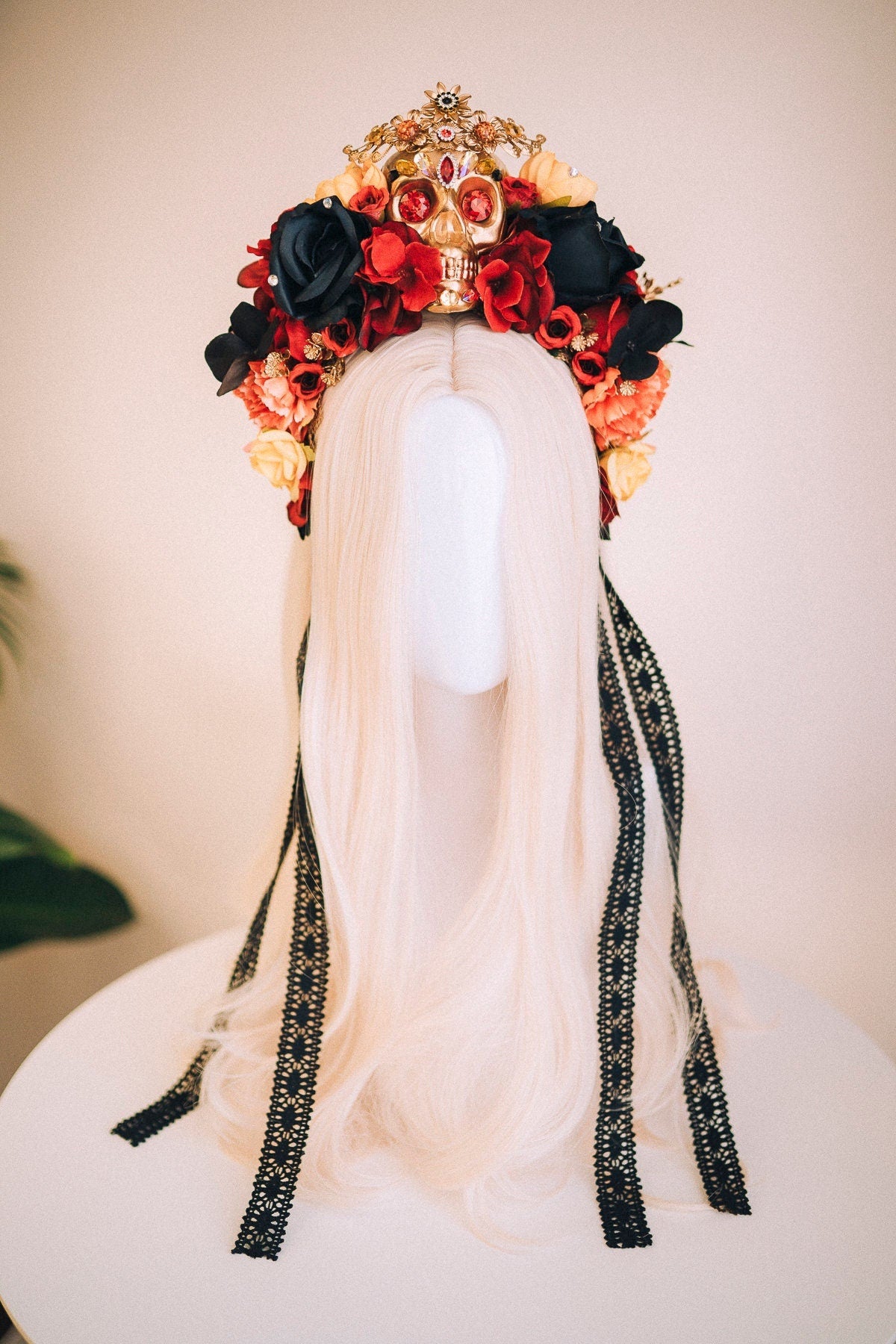 SALE Golden Skull, La Catrina Crown, Day of the Dead, Dia de los Muertos, Floral Headdress, Sugar Skull, Festival Headpiece, Mexican crown