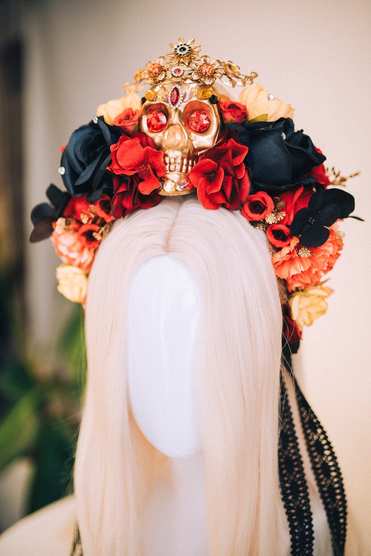 SALE Golden Skull, La Catrina Crown, Day of the Dead, Dia de los Muertos, Floral Headdress, Sugar Skull, Festival Headpiece, Mexican crown