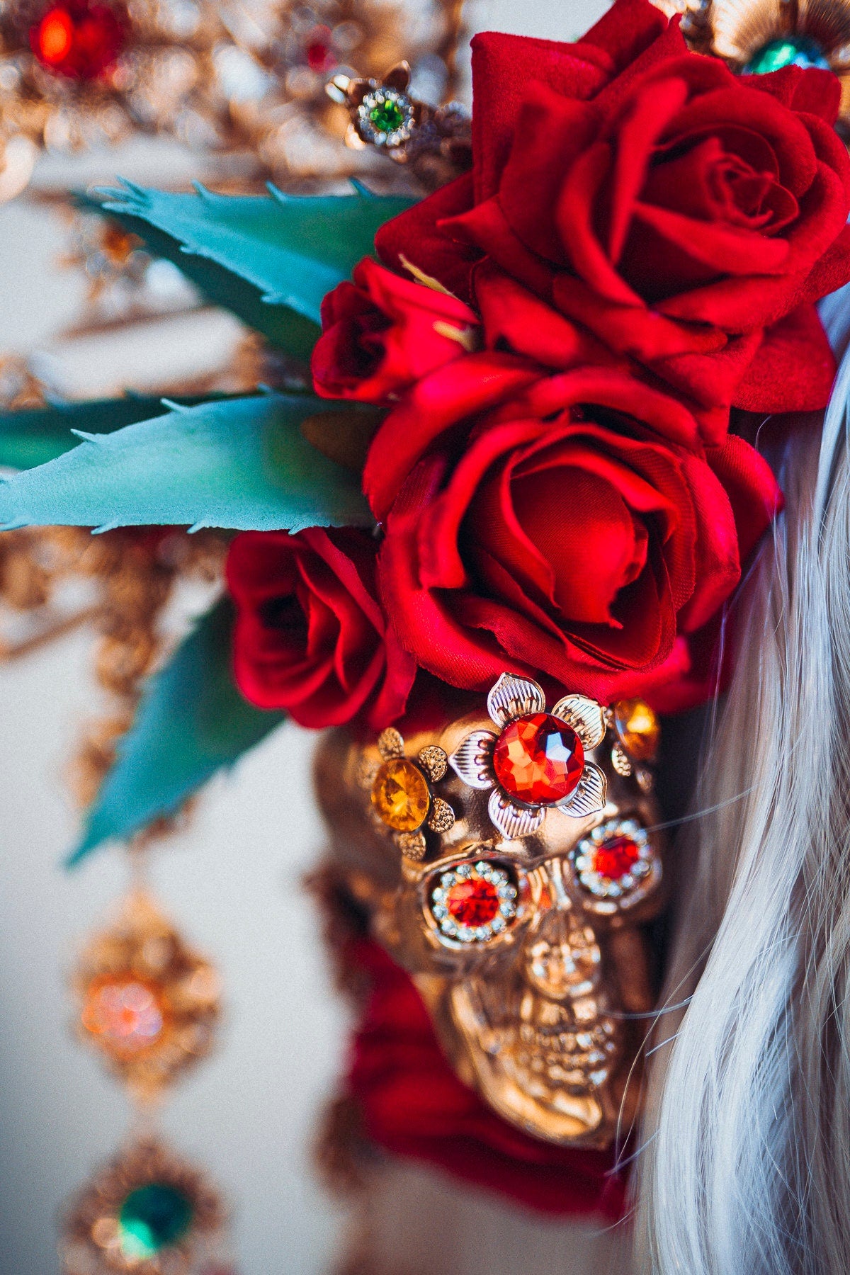 La Catrina Crown, Red Rose Halo, Mexican Headdress, Gold Statement Tiara, Dia de los Muertos, Festival Headpiece, Handmade Floral Crown