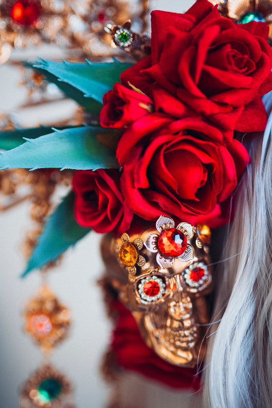 La Catrina Crown, Red Rose Halo, Mexican Headdress, Gold Statement Tiara, Dia de los Muertos, Festival Headpiece, Handmade Floral Crown