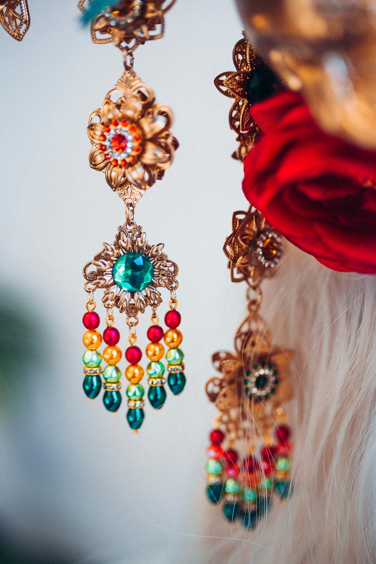 La Catrina Crown, Red Rose Halo, Mexican Headdress, Gold Statement Tiara, Dia de los Muertos, Festival Headpiece, Handmade Floral Crown