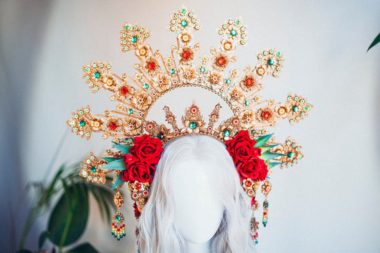 La Catrina Crown, Red Rose Halo, Mexican Headdress, Gold Statement Tiara, Dia de los Muertos, Festival Headpiece, Handmade Floral Crown