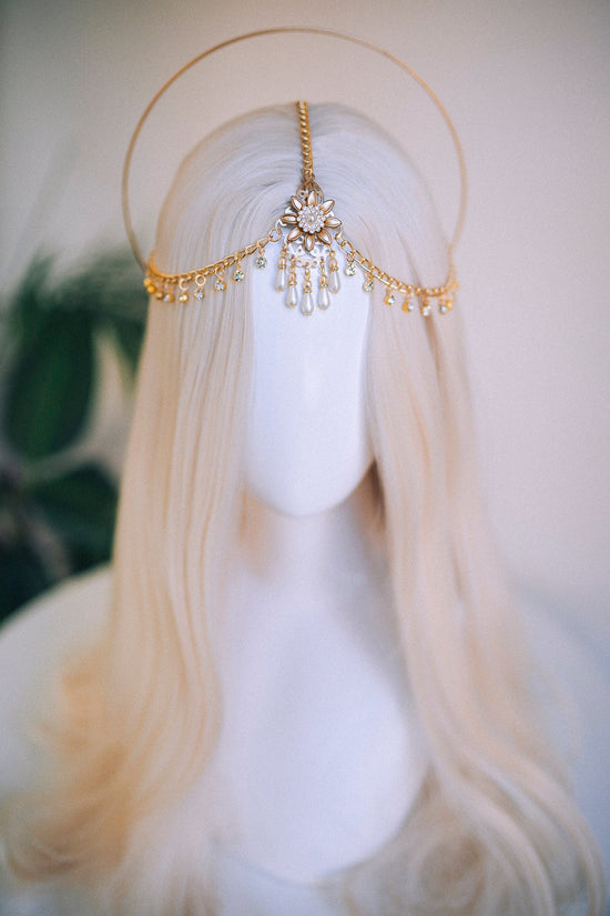 Golden Halo Bridal Crown, Wedding Headpiece, Celestial Tiara, Pearl Halo Crown, Goddess Bridal Accessory, Gold Bridal Hairpiece, Headband
